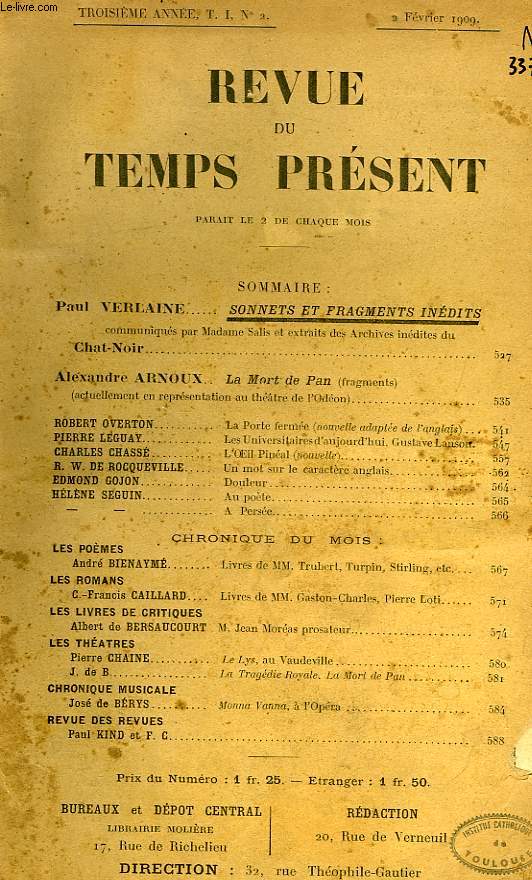 REVUE DU TEMPS PRESENT, 3e ANNEE, T. I, N 2, FEV. 1909