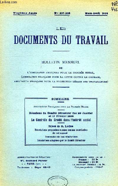 LES DOCUMENTS DU TRAVAIL, 20e ANNEE, N 227-228, MARS-AVRIL 1936