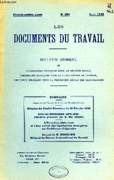 LES DOCUMENTS DU TRAVAIL, 21e ANNEE, N 252, AVRIL 1938