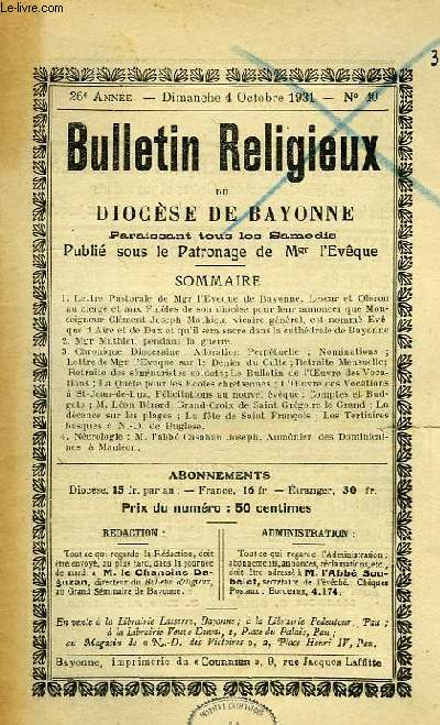 BULLETIN RELIGIEUX DU DIOCESE DE BAYONNE, 26e ANNEE, N° 40, OCT. 1931