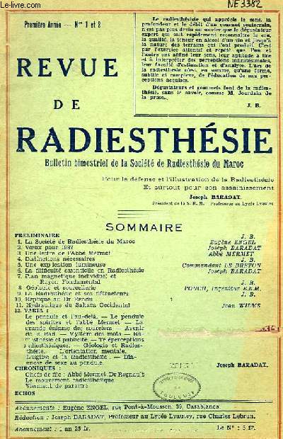 REVUE DE RADIESTHESIE, BULLETIN BIMESTRIEL DE LA SOCIETE DE RADIESTHESIE DU MAROC, 1re ANNEE, N1-2