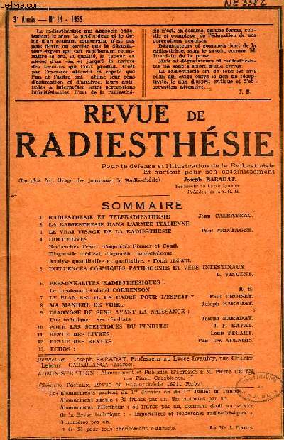 REVUE DE RADIESTHESIE, BULLETIN BIMESTRIEL DE LA SOCIETE DE RADIESTHESIE DU MAROC, 3e ANNEE, N14, 1939