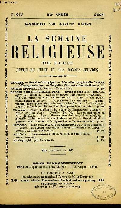 LA SEMAINE RELIGIEUSE DE PARIS, REVUE DU CULTE ET DES BONNES OEUVRES, T. CIV, N° 2694, AOUT 1905