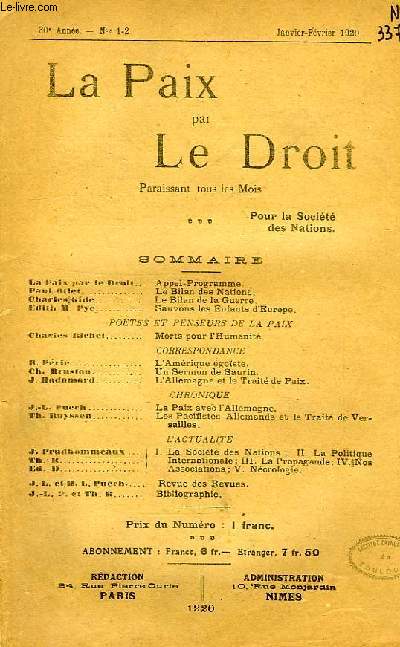 LA PAIX PAR LE DROIT, 30e ANNEE, N 1-2, JAN.-FEV. 1920