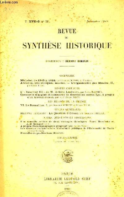 REVUE DE SYNTHESE HISTORIQUE, T. XVII-3 (N 51), DEC. 1908