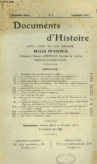 DOCUMENTS D'HISTOIRE (XVIIe, XVIIIe ET XIXe SIECLE), 2e ANNEE, N 3, SEPT. 1911