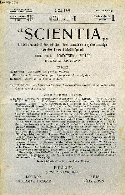 SCIENTIA, YEAR XIV, VOL. XXVIII, N CIII-11, SERIE II, 1920, RIVISTA INTERNAZIONALE DI SINTESI SCIENTIFICA, REVUE INTERNATIONALE DE SYNTHESE SCIENTIFIQUE, INTERNATIONAL REVIEW OF SCIENTIFIC SYNTHESIS