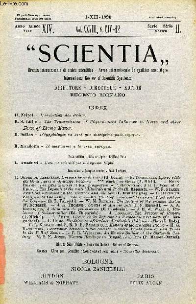 SCIENTIA, YEAR XIV, VOL. XXVIII, N CIV-12, SERIE II, 1920, RIVISTA INTERNAZIONALE DI SINTESI SCIENTIFICA, REVUE INTERNATIONALE DE SYNTHESE SCIENTIFIQUE, INTERNATIONAL REVIEW OF SCIENTIFIC SYNTHESIS