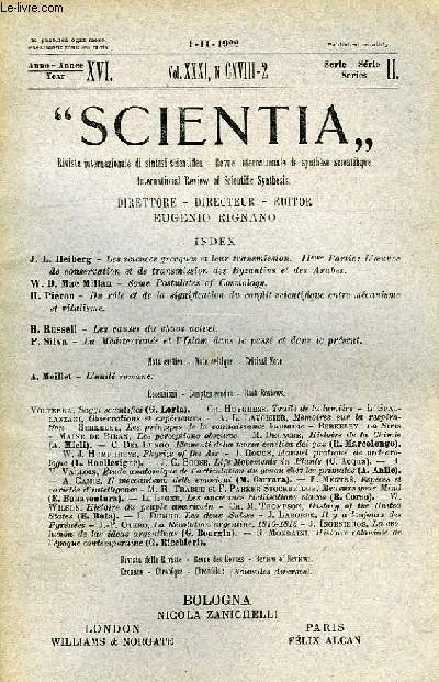 SCIENTIA, YEAR XVI, VOL. XXXI, N CXVIII-2, SERIE II, 1922, RIVISTA INTERNAZIONALE DI SINTESI SCIENTIFICA, REVUE INTERNATIONALE DE SYNTHESE SCIENTIFIQUE, INTERNATIONAL REVIEW OF SCIENTIFIC SYNTHESIS