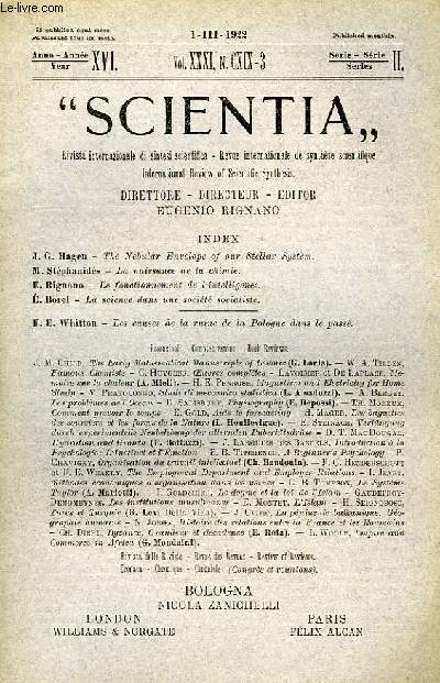 SCIENTIA, YEAR XVI, VOL. XXXI, N CXIX-3, SERIE II, 1922, RIVISTA INTERNAZIONALE DI SINTESI SCIENTIFICA, REVUE INTERNATIONALE DE SYNTHESE SCIENTIFIQUE, INTERNATIONAL REVIEW OF SCIENTIFIC SYNTHESIS