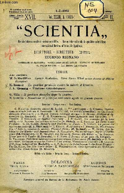 SCIENTIA, YEAR XVII, VOL. XXXIII, N CXXIX-1, SERIE II, 1923, RIVISTA INTERNAZIONALE DI SINTESI SCIENTIFICA, REVUE INTERNATIONALE DE SYNTHESE SCIENTIFIQUE, INTERNATIONAL REVIEW OF SCIENTIFIC SYNTHESIS