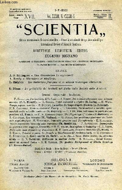 SCIENTIA, YEAR XVII, VOL. XXXIII, N CXXXIII-5, SERIE II, 1923, RIVISTA INTERNAZIONALE DI SINTESI SCIENTIFICA, REVUE INTERNATIONALE DE SYNTHESE SCIENTIFIQUE, INTERNATIONAL REVIEW OF SCIENTIFIC SYNTHESIS