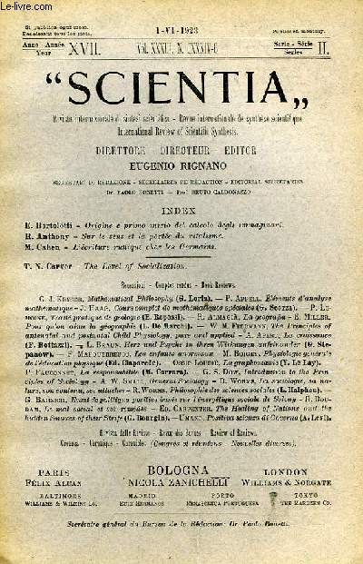 SCIENTIA, YEAR XVII, VOL. XXXIII, N CXXXIV-6, SERIE II, 1923, RIVISTA INTERNAZIONALE DI SINTESI SCIENTIFICA, REVUE INTERNATIONALE DE SYNTHESE SCIENTIFIQUE, INTERNATIONAL REVIEW OF SCIENTIFIC SYNTHESIS