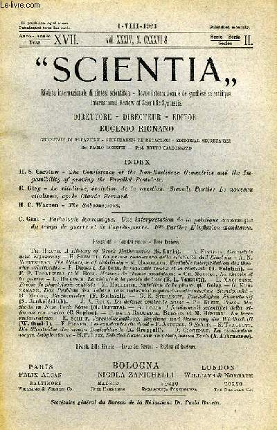 SCIENTIA, YEAR XVII, VOL. XXXIV, N CXXXVI-8, SERIE II, 1923, RIVISTA INTERNAZIONALE DI SINTESI SCIENTIFICA, REVUE INTERNATIONALE DE SYNTHESE SCIENTIFIQUE, INTERNATIONAL REVIEW OF SCIENTIFIC SYNTHESIS