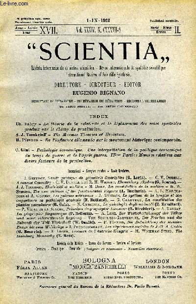 SCIENTIA, YEAR XVII, VOL. XXXIV, N CXXXVII-9, SERIE II, 1923, RIVISTA INTERNAZIONALE DI SINTESI SCIENTIFICA, REVUE INTERNATIONALE DE SYNTHESE SCIENTIFIQUE, INTERNATIONAL REVIEW OF SCIENTIFIC SYNTHESIS