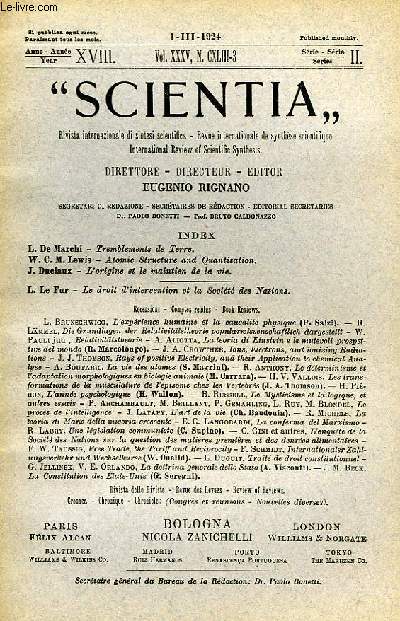 SCIENTIA, YEAR XVIII, VOL. XXXV, N CXLIII-3, SERIE II, 1924, RIVISTA INTERNAZIONALE DI SINTESI SCIENTIFICA, REVUE INTERNATIONALE DE SYNTHESE SCIENTIFIQUE, INTERNATIONAL REVIEW OF SCIENTIFIC SYNTHESIS
