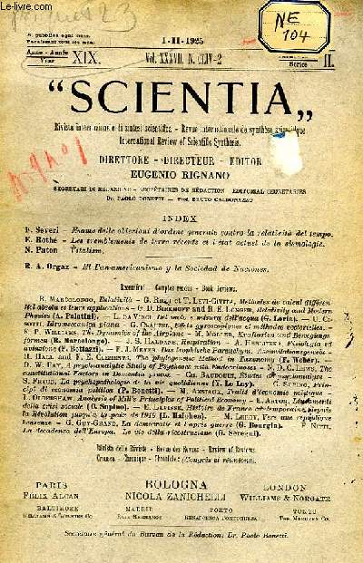 SCIENTIA, YEAR XIX, VOL. XXXVII, N CLIV-2, SERIE II, 1925, RIVISTA INTERNAZIONALE DI SINTESI SCIENTIFICA, REVUE INTERNATIONALE DE SYNTHESE SCIENTIFIQUE, INTERNATIONAL REVIEW OF SCIENTIFIC SYNTHESIS