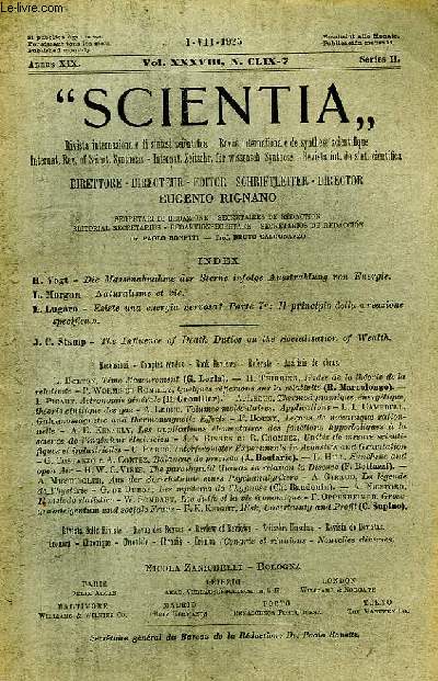 SCIENTIA, YEAR XIX, VOL. XXXVIII, N CLIX-7, SERIE II, 1925, RIVISTA INTERNAZIONALE DI SINTESI SCIENTIFICA, REVUE INTERNATIONALE DE SYNTHESE SCIENTIFIQUE, INTERNATIONAL REVIEW OF SCIENTIFIC SYNTHESIS