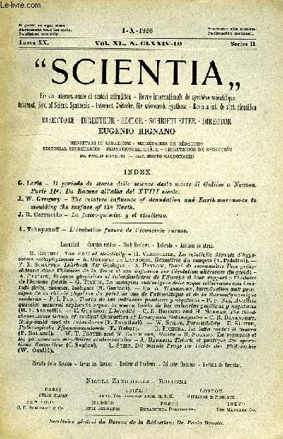 SCIENTIA, YEAR XX, VOL. XL, N CLXXIV-10, SERIE II, 1926, RIVISTA INTERNAZIONALE DI SINTESI SCIENTIFICA, REVUE INTERNATIONALE DE SYNTHESE SCIENTIFIQUE, INTERNATIONAL REVIEW OF SCIENTIFIC SYNTHESIS