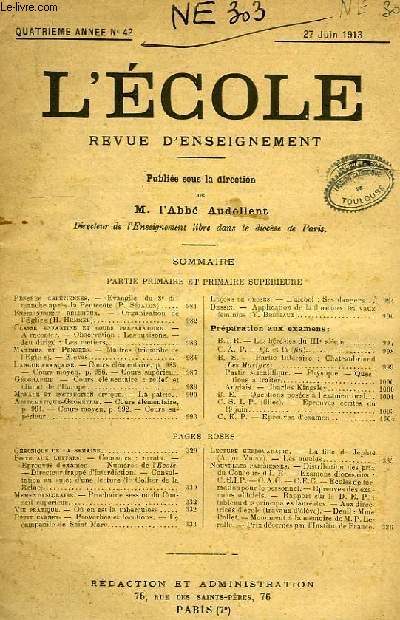 L'ECOLE, REVUE D'ENSEIGNEMENT, DE 1917 A 1943