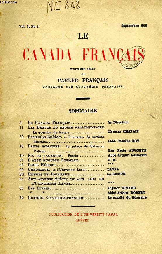LE CANADA FRANCAIS, 2e SERIE DU PARLER FRANCAIS, 1918-1946