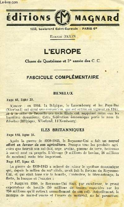 L'EUROPE, CLASSE DE 4e ET 3e ANNEE DES CC, FASCICULE COMPLEMENTAIRE