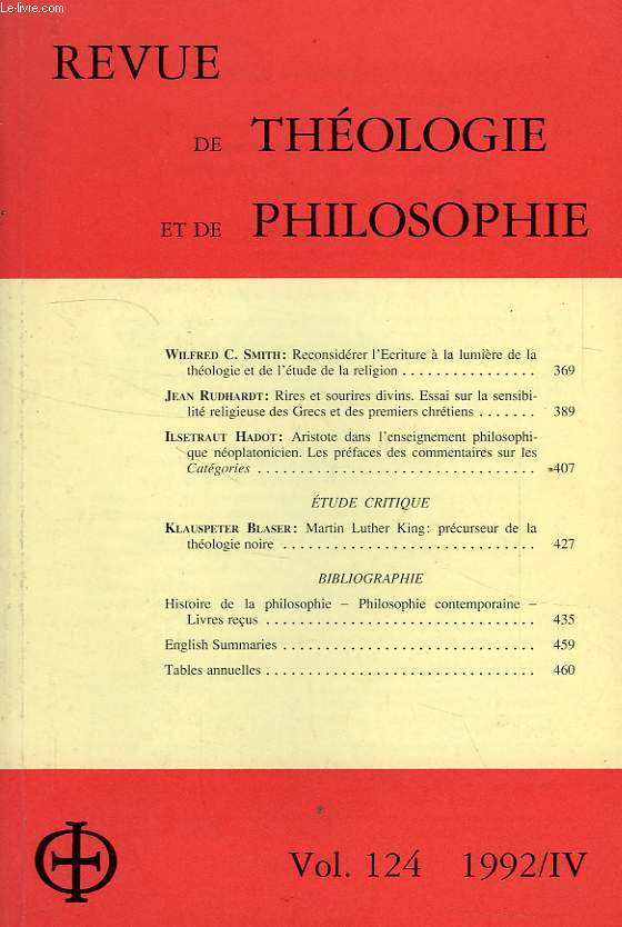REVUE DE THEOLOGIE ET DE PHILOSOPHIE, VOL. 124, 1992 IV
