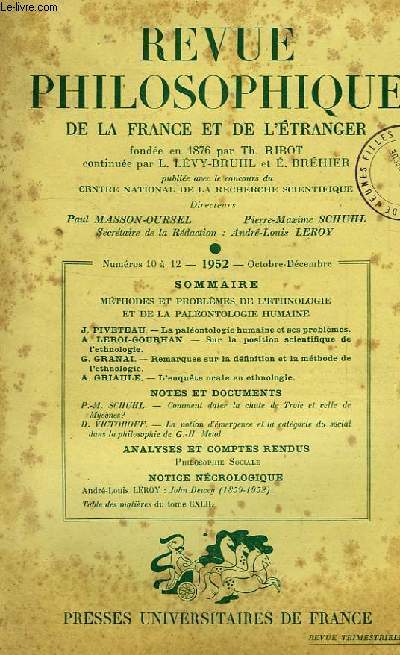 REVUE PHILOSOPHIQUE DE LA FRANCE ET DE L'ETRANGER, N 10-12, OCT.-DEC. 1952