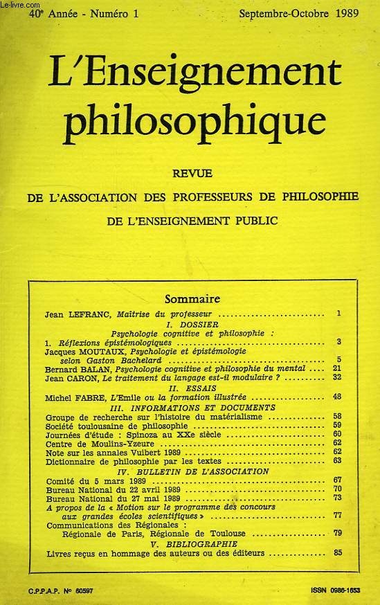 REVUE DE L'ENSEIGNEMENT PHILOSOPHIQUE, 40e ANNEE, N 1, SEPT.-OCT. 1989