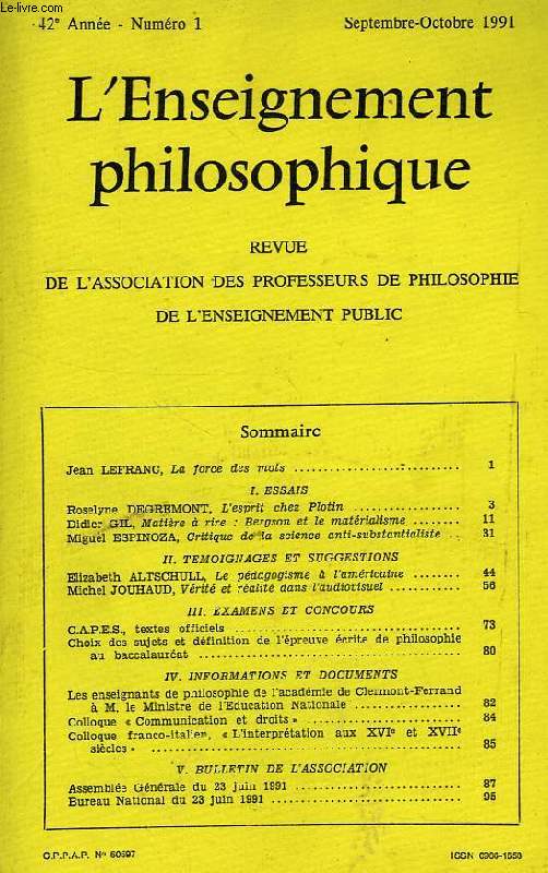 REVUE DE L'ENSEIGNEMENT PHILOSOPHIQUE, 42e ANNEE, N 1, SEPT.-OCT. 1991