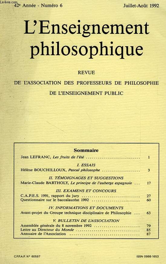 REVUE DE L'ENSEIGNEMENT PHILOSOPHIQUE, 42e ANNEE, N 6, JUILLET-AOUT 1992
