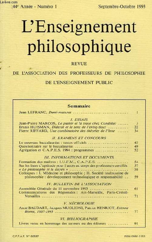 REVUE DE L'ENSEIGNEMENT PHILOSOPHIQUE, 44e ANNEE, N 1, SEPT.-OCT. 1993