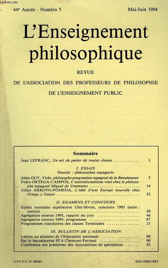 REVUE DE L'ENSEIGNEMENT PHILOSOPHIQUE, 44e ANNEE, N 5, MAI-JUIN 1994