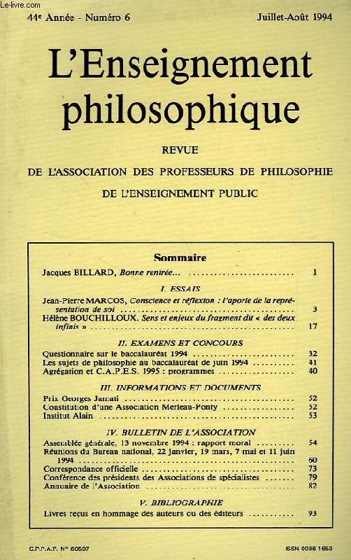 REVUE DE L'ENSEIGNEMENT PHILOSOPHIQUE, 44e ANNEE, N 6, JUILLET-AOUT 1994