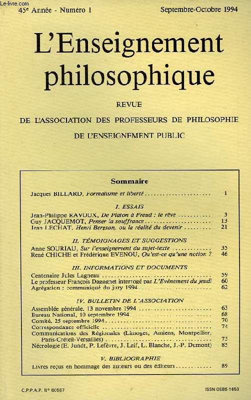 REVUE DE L'ENSEIGNEMENT PHILOSOPHIQUE, 45e ANNEE, N 1, SEPT.-OCT. 1994