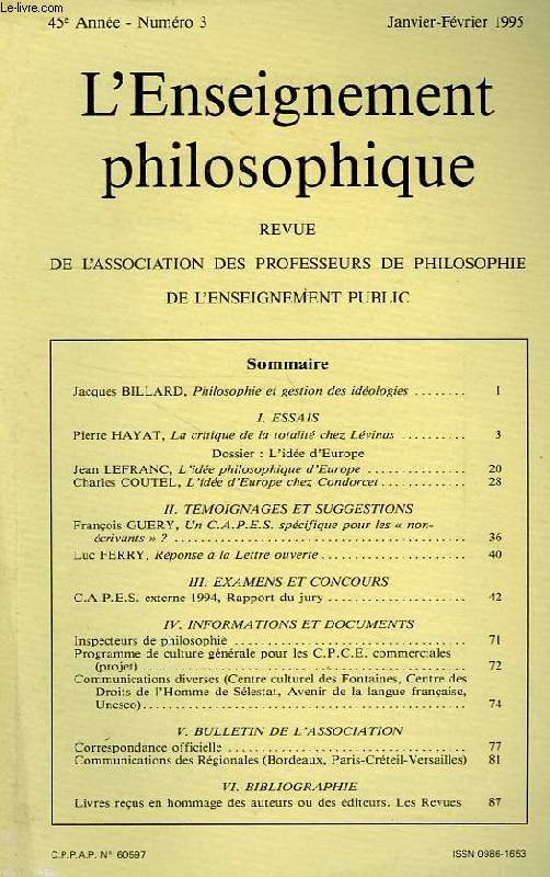 REVUE DE L'ENSEIGNEMENT PHILOSOPHIQUE, 45e ANNEE, N 3, JAN.-FEV. 1995