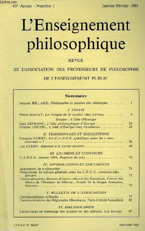 REVUE DE L'ENSEIGNEMENT PHILOSOPHIQUE, 45e ANNEE, N 3, JAN.-FEV. 1995