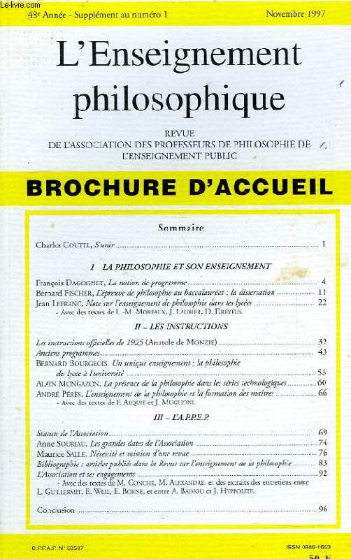 REVUE DE L'ENSEIGNEMENT PHILOSOPHIQUE, 48e ANNEE, N 1 (SUPPLEMENT), NOV. 1997