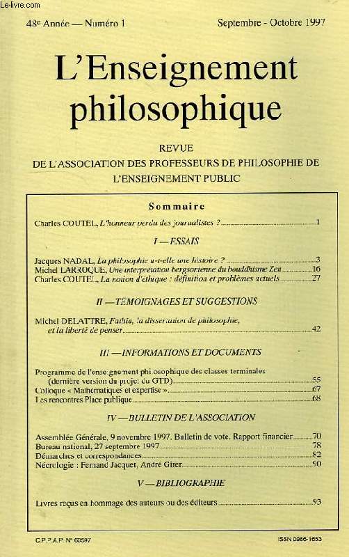 REVUE DE L'ENSEIGNEMENT PHILOSOPHIQUE, 48e ANNEE, N 1, SEPT-OCT. 1997
