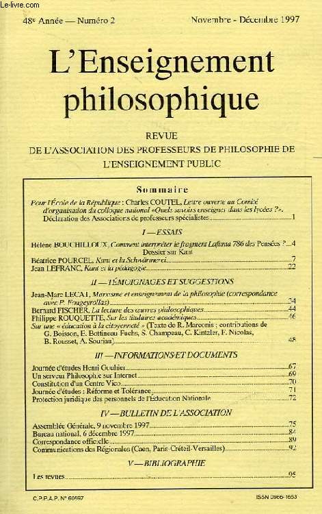 REVUE DE L'ENSEIGNEMENT PHILOSOPHIQUE, 48e ANNEE, N 2, NOV.-DEC. 1997