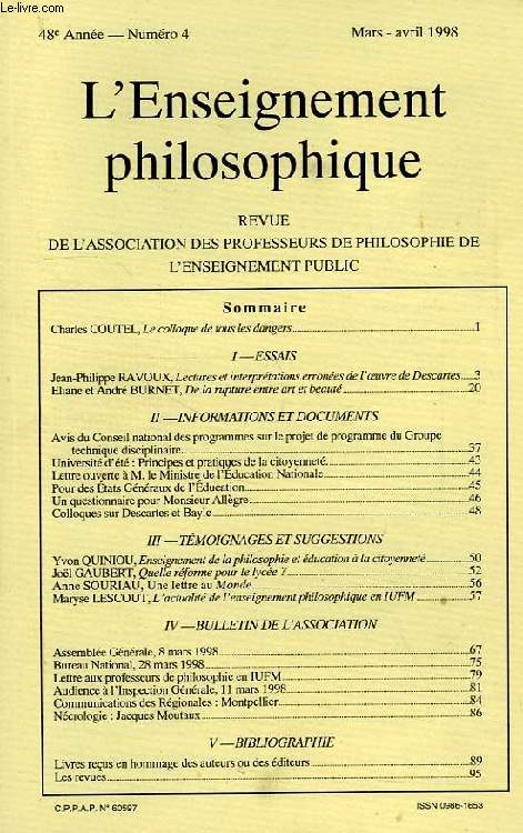 REVUE DE L'ENSEIGNEMENT PHILOSOPHIQUE, 48e ANNEE, N 4, MARS-AVRIL 1998