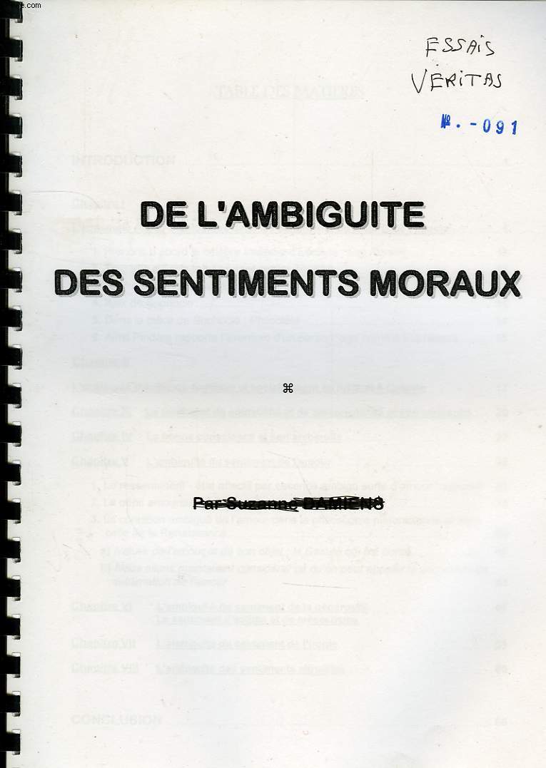 DE L'AMBIGUITE DES SENTIMENTS MORAUX (ESSAI, MANUSCRIT)
