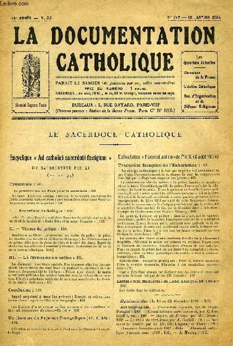 LA DOCUMENTATION CATHOLIQUE, 18e ANNEE, T. 35, N 779, 18 JAN. 1936