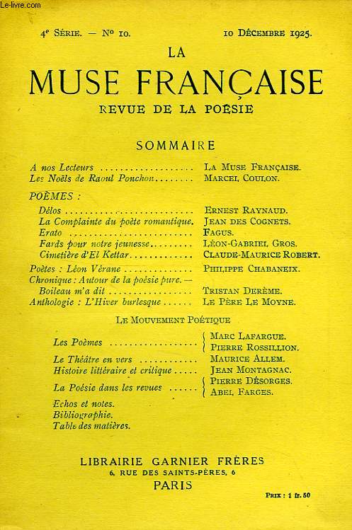 LA MUSE FRANCAISE, REVUE DE LA POESIE, 4e SERIE, N 10, DEC. 1925