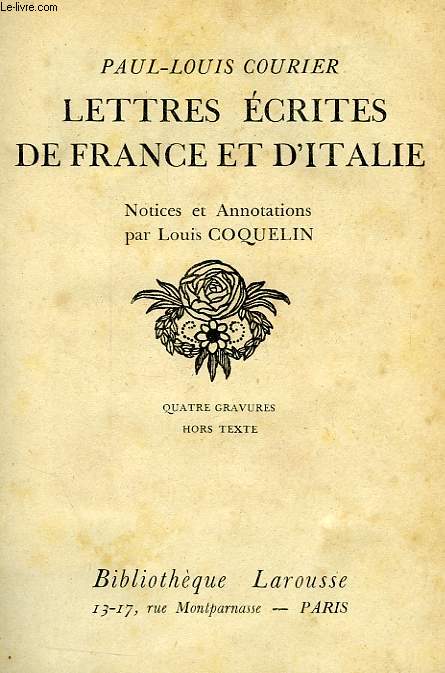 LETTRES ECRITES DE FRANCE ET D'ITALIE