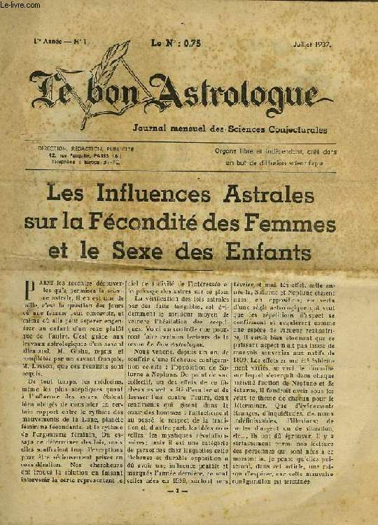 LE BON ASTROLOGUE, 1re ANNEE, N 1, JUILLET 1937