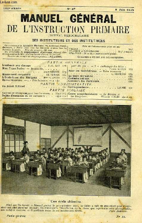 MANUEL GENERAL DE L'INSTRUCTION PRIMAIRE, 102e ANNEE, N 37, 8 JUIN 1935