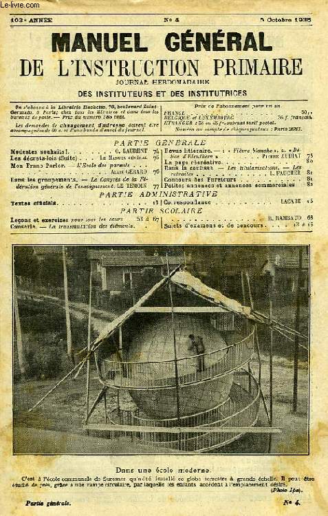 MANUEL GENERAL DE L'INSTRUCTION PRIMAIRE, 103e ANNEE, N 4, 5 OCT. 1935