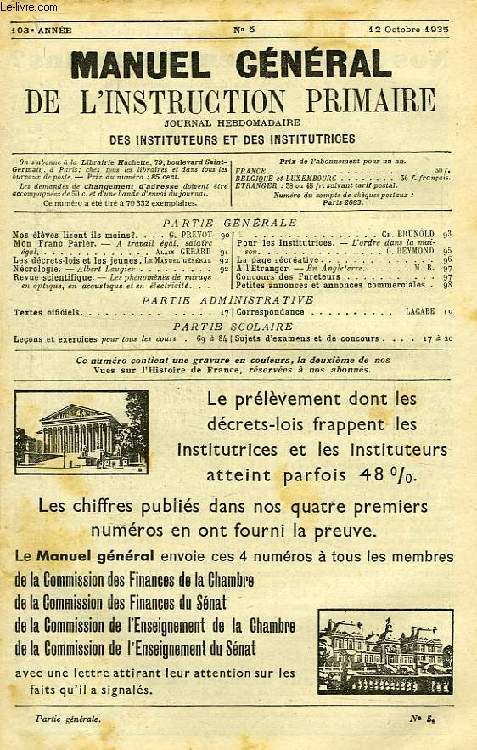 MANUEL GENERAL DE L'INSTRUCTION PRIMAIRE, 103e ANNEE, N 5, 12 OCT. 1935