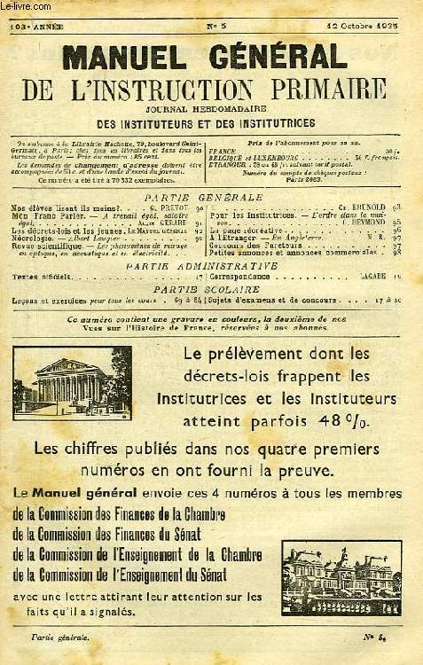 MANUEL GENERAL DE L'INSTRUCTION PRIMAIRE, 103e ANNEE, N 5, 12 OCT. 1935